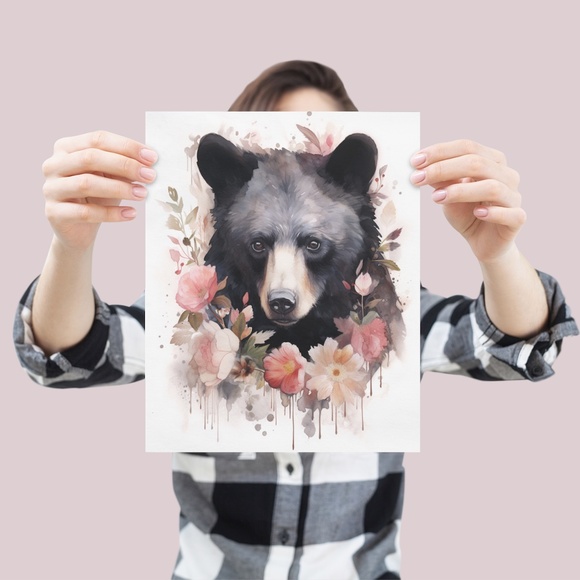 Watercolor Floral Black Bear Portrait Wall Art Illustration Print Unframed - Picture 4 of 5